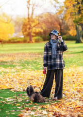 a woman walking with shih-tzu dog in the autumn park in sunny day