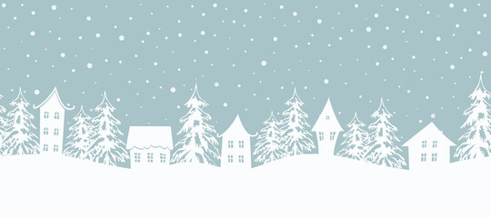 Naklejka na ściany i meble Christmas background. Fairy tale winter landscape. Seamless border. There are white houses and fir trees on a gray blue background. Winter village. Vector illustration.