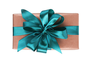 Brown gift box tied green ribbon bow