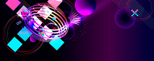 Neon techno christmas tree science space abstraction background. Cosmos blue dark retro futuristic 3d starry sky glowing galaxy and planets blue