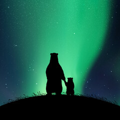 Bears family at night. Animal silhouettes on hill. Aurora borealis