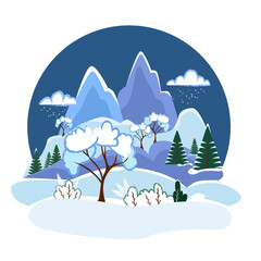 Night winter landscape with snowy mountains and forest. Simple vector illustration in a flat style in a round shape.