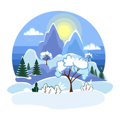 Winter landscape with mountains and the rising sun. New Year vector illustration in flat style, round shape