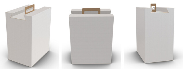 3D rendering - High resolution image white custom carrier box template isolated on white background, high quality details of cardboard