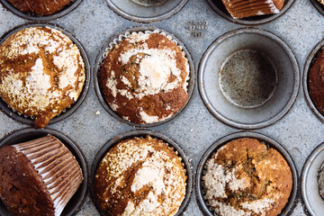 Close up of multigrain muffins in baking tray
