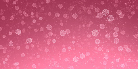 deep pink winter banner with snow and numerous patterned snowflakes. Light gradient, christmas universal background for spider webs and prints