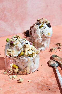 Sesame tahini halva with vanilla ice cream served in cups