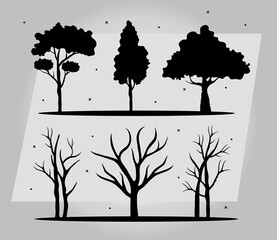 bundle of six trees forest silhouette style icons vector illustration design