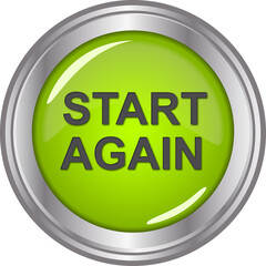 green start again button with metal frame isolated on white