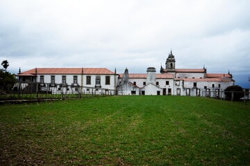 fantastic castle monastery with a large courtyard in front. a journey into antiquity