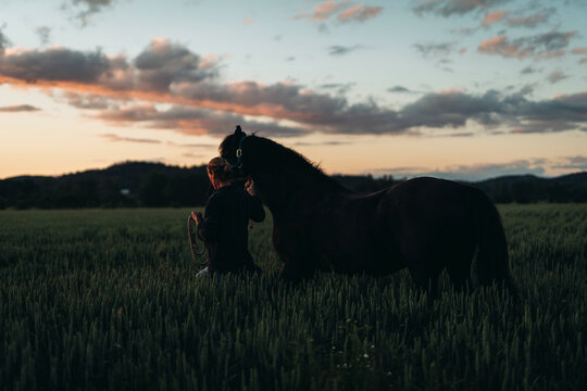 Woman with horse walking in field during sunset