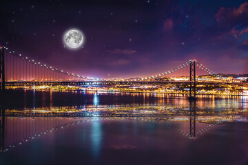 incredible night landscape of the river and the road bridge. big moon over the river. screensaver image