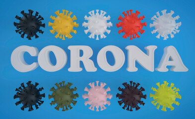 Corona lettering with colorful corona viruses on a blue background - 3D illustration