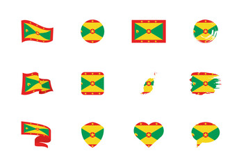 Grenada flag - flat collection. Flags of different shaped twelve flat icons.