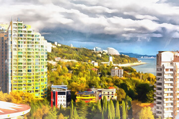 Fototapeta na wymiar Beautiful modern cityscape at summer time colorful painting looks like picture, Sochi, Russia.