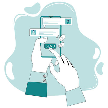 A person communicates in a chat using SMS messages.Modern communication.Hands and phone on a green background.Flat vector illustration.