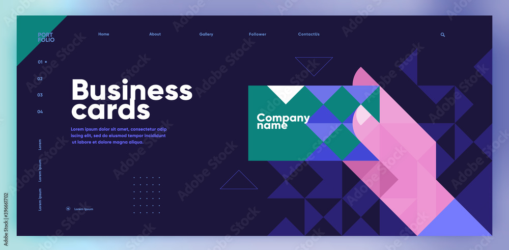 Poster vector illustration. presentation slide. hand holds a business card. slide presentation, web page, c