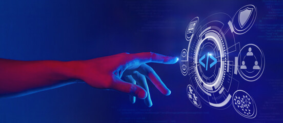 web development and web design concept in neon light, building a business website, programming for...