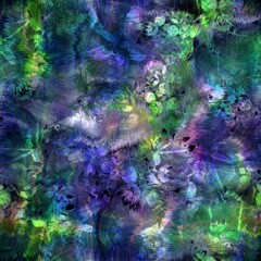 Obraz na płótnie Canvas Seamless abstract color blobs with floral flower pattern overlay. High quality illustration. Painterly dye-like blue purple and green bleed watery background color with beautiful pattern overlay.