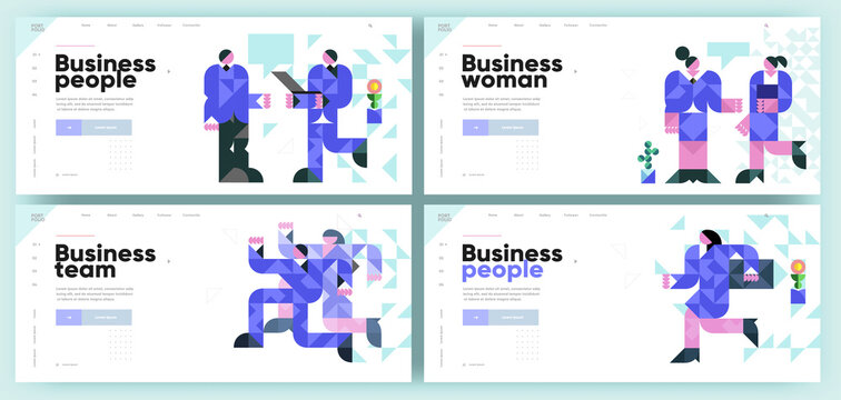 Set of vector illustrations. Slide presentation, web page, cover. Business illustration in modern style, mosaic, vector polygons.