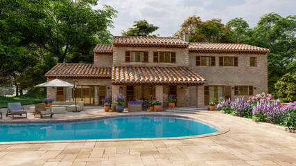 Mediterranean style villa with pool and garden - obrazy, fototapety, plakaty