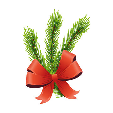 happy merry christmas red ribbon and leafs pine tree vector illustration design