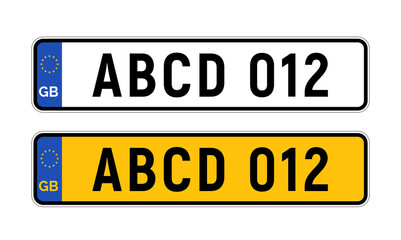 British uk car license plate template. GB car registration numberplate sign design
