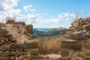 Morella castle ruins, ramparts and fortification. Morella is a beautiful walled city on a rock, Maestrat region, Castellon province, Valencian community, Spain.