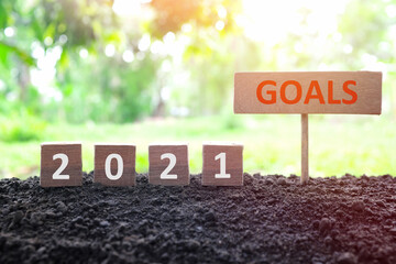 New year 2021 life goals, resolution and new priorities concept. Wooden blocks dice on a natural...