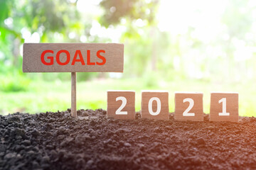 New year 2021 life goals, resolution and new priorities concept. Wooden blocks dice on a natural...