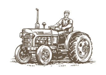 Farm tractor retro sketch. Agricultural machinery vintage vector illustration
