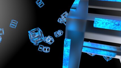 Blue illuminated Hot Iron Clear Crystal Cube. Blockchain network technology concept illustration. 3D illustration. 3D high quality rendering. 