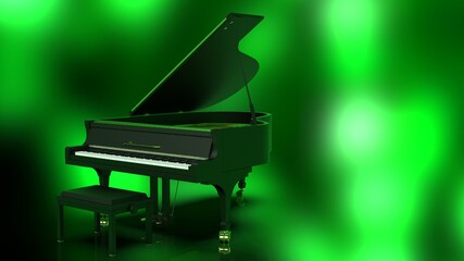 Grand Piano under Green Flash Light Background. 3D illustration. 3D high quality rendering. 3D CG.