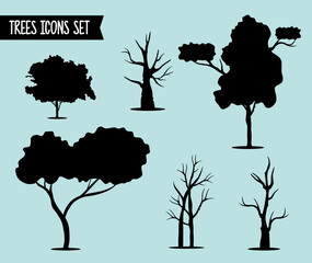bundle of six trees forest silhouette style icons and lettering vector illustration design
