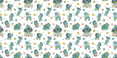Seamless pattern with cute cartoon joyful kawaii dinosaurs and monstera leaves on a white background. For nursery decor, textile, printing on fabrics, packaging, wallpaper, digital paper. 