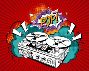 Vintage Recording equipment. Tape Recorder in a bright Pop Art style. Poster, card, t-shirt composition, hand drawn style print. Vector illustration.