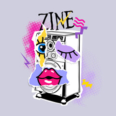 Bright colored poster in a Zine Culture style. Vintage sound audio speaker for player recorder with paper collage. Humor t-shirt composition, hand drawn style print. Vector illustration.