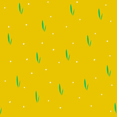 Seamless pattern with hand drawn vector leaves and dots,modern ornament,tender illustration for wrapping paper,minimalist print,abstract botanical motif for Easter decoration on yellow background