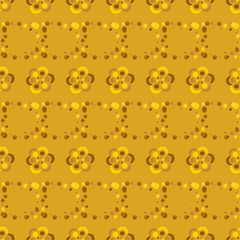 Fortuna gold geometric pattern of small and large circles and bubbles. Fortuna gold background with yellow, brown flower