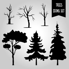 bundle of six trees forest silhouette style icons and lettering in gray background vector illustration design