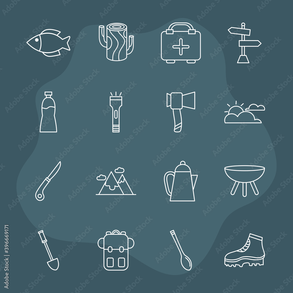 Poster bundle of sixteen camping set icons vector illustration design