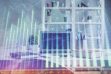Obraz premium Double exposure of financial graph drawing and office interior background. Concept of stock market.