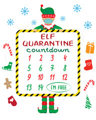 Elf quarantine countdown calender winter concept. Fairy-tale character, medical protective mask and lettering.	