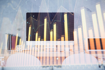 Multi exposure of stock market chart drawing and office interior background. Concept of financial analysis.