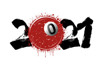 Abstract numbers 2021 and billiard ball made of blots in grunge style. 2021 New Year on an isolated background. Design pattern. Vector illustration