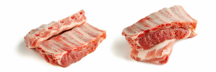 collection raw ribs of pork isolated on a white background. set of fresh meat at bone