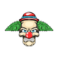 The clown with the green hair and small red hat posses with the scary face