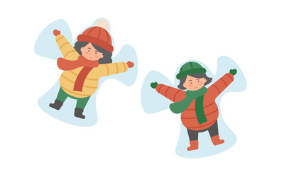  Illustration of kids that make angels on the snow on the holidays, playing with a snow