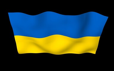 The flag of Ukraine on a dark background. National flag and state ensign. Blue and yellow bicolour. 3D illustration waving flag
