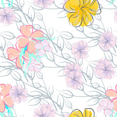 Pink Flowers Blooming Pattern. Pastel Watercolor.